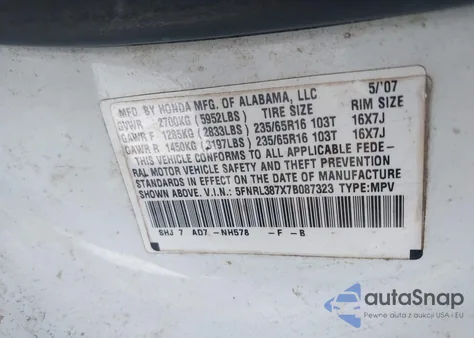 2007 Honda Odyssey Ex-L from USA, damaged, VIN 5FNRL387X7B087323